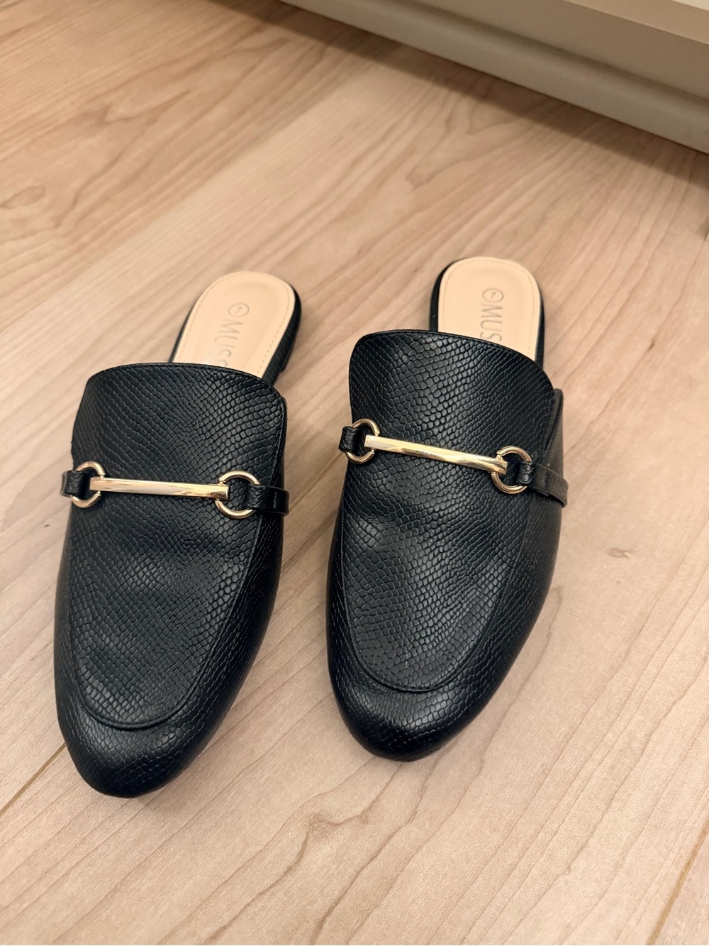 Black Slip-On Mule Loafers with Goldbit Accent